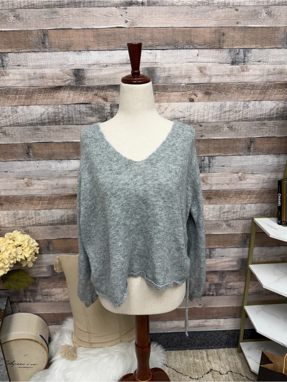 Women's Light Gray V-Neck Cozy Knit Sweater